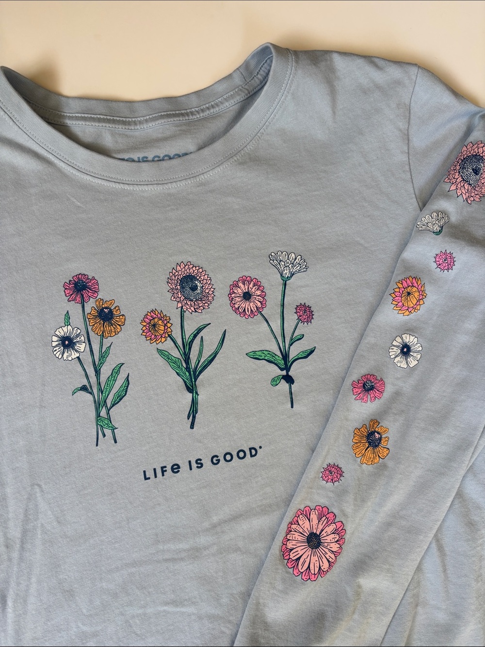 Life Is Good Floral Garden Blue Long Sleeve Crusher Crew Tshirt Cotton Womens XL